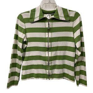Ann Taylor Loft Women Top Sweater Full Zip Stripped Green White Long Sleeve L